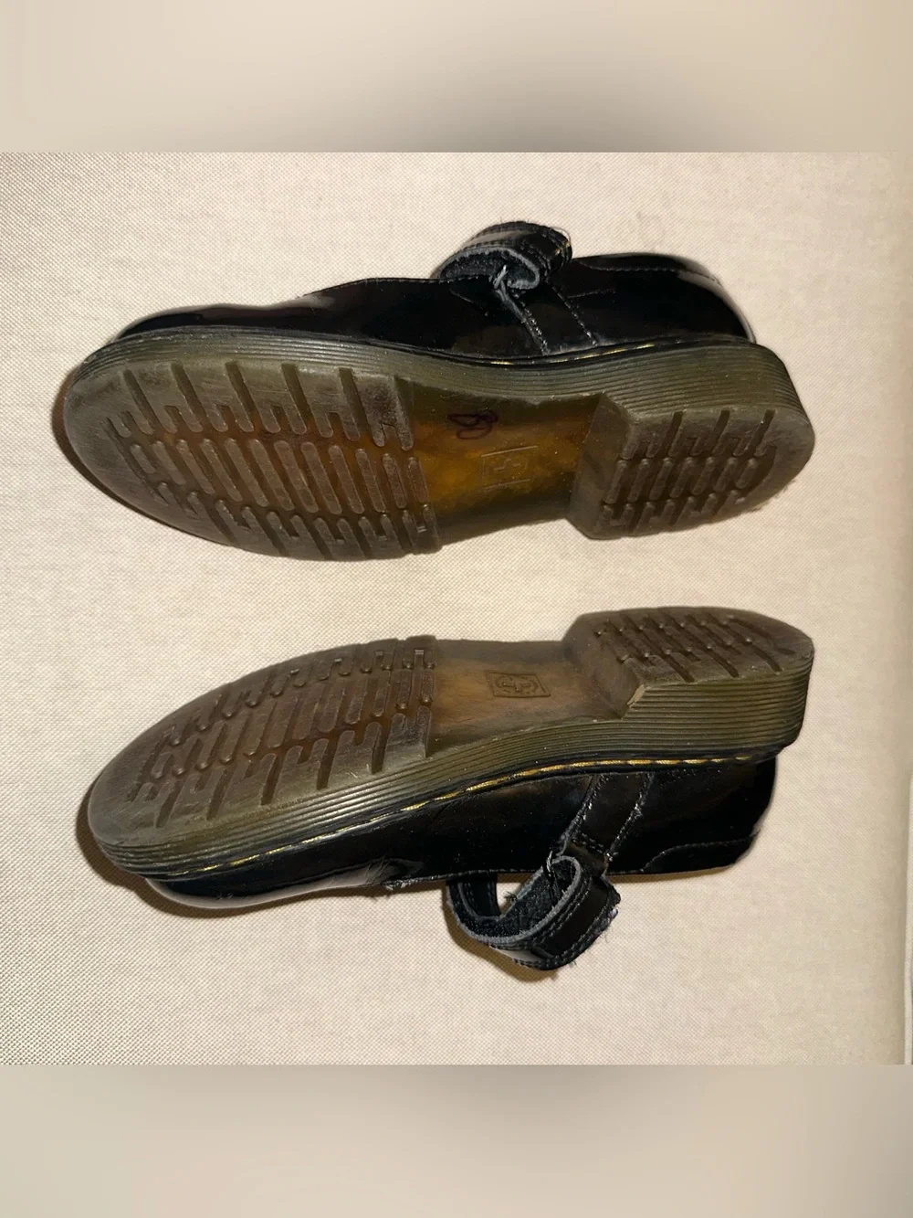 Dr. Martens Girls Black Patent Mary Jane Shoes with Yellow Stitching